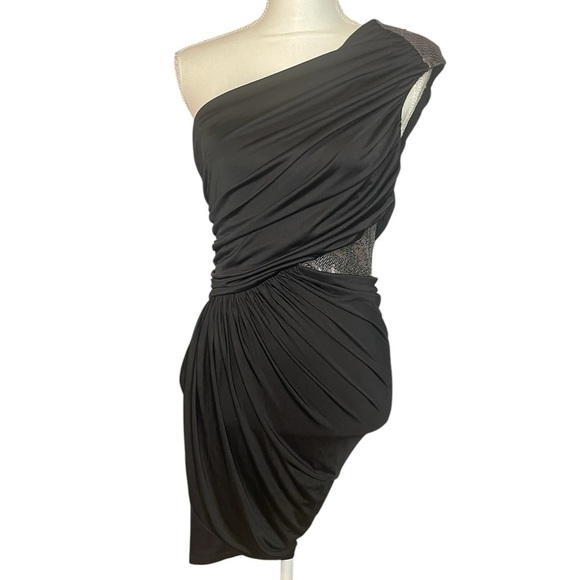 Bebe Black One-Shoulder Draped Sequin Cutout sleeveless Dress - Size S NWT - Picture 1 of 8